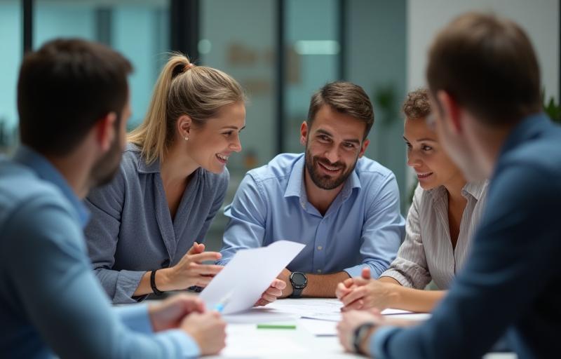 Professional group discussing training materials in an office setting